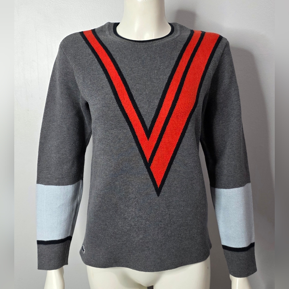 Lacoste Gray Crewneck Sweater with Orange V-Stripe